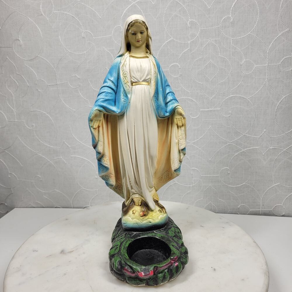 Antique Virgin Mary Serpent Votive Holder Chalkware Statue Religious Catholic